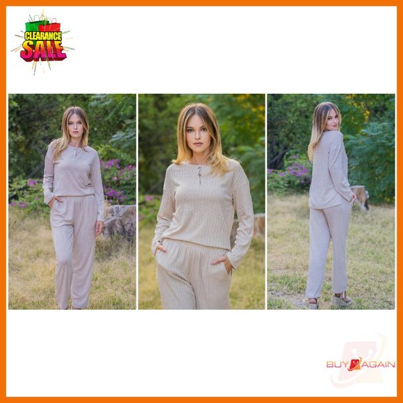 Ribbed Knit Lounge Set Long Sleeve Henley Top & Pants Sleepwear - Picture 8 of 8